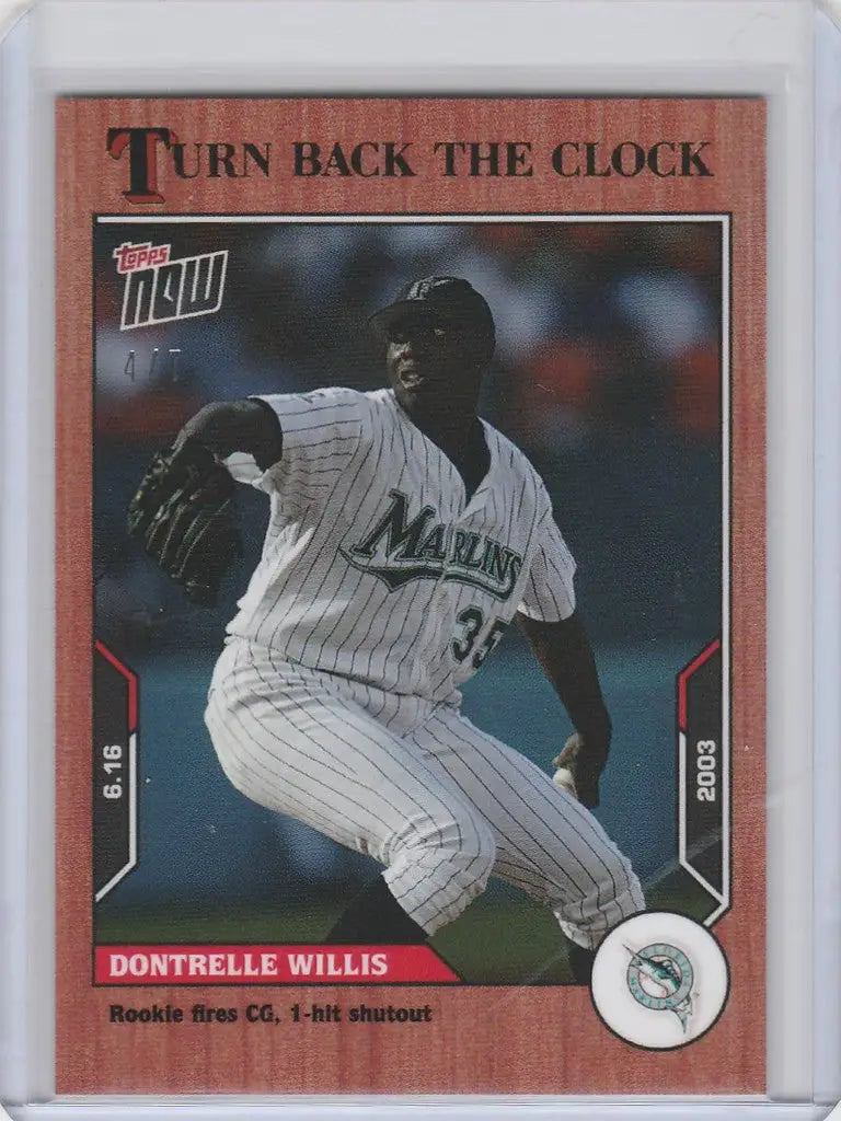 Baseball card of Dontrelle Willis Marlins in mid-throw from Topps Turn Back the Clock Cherry Parallel