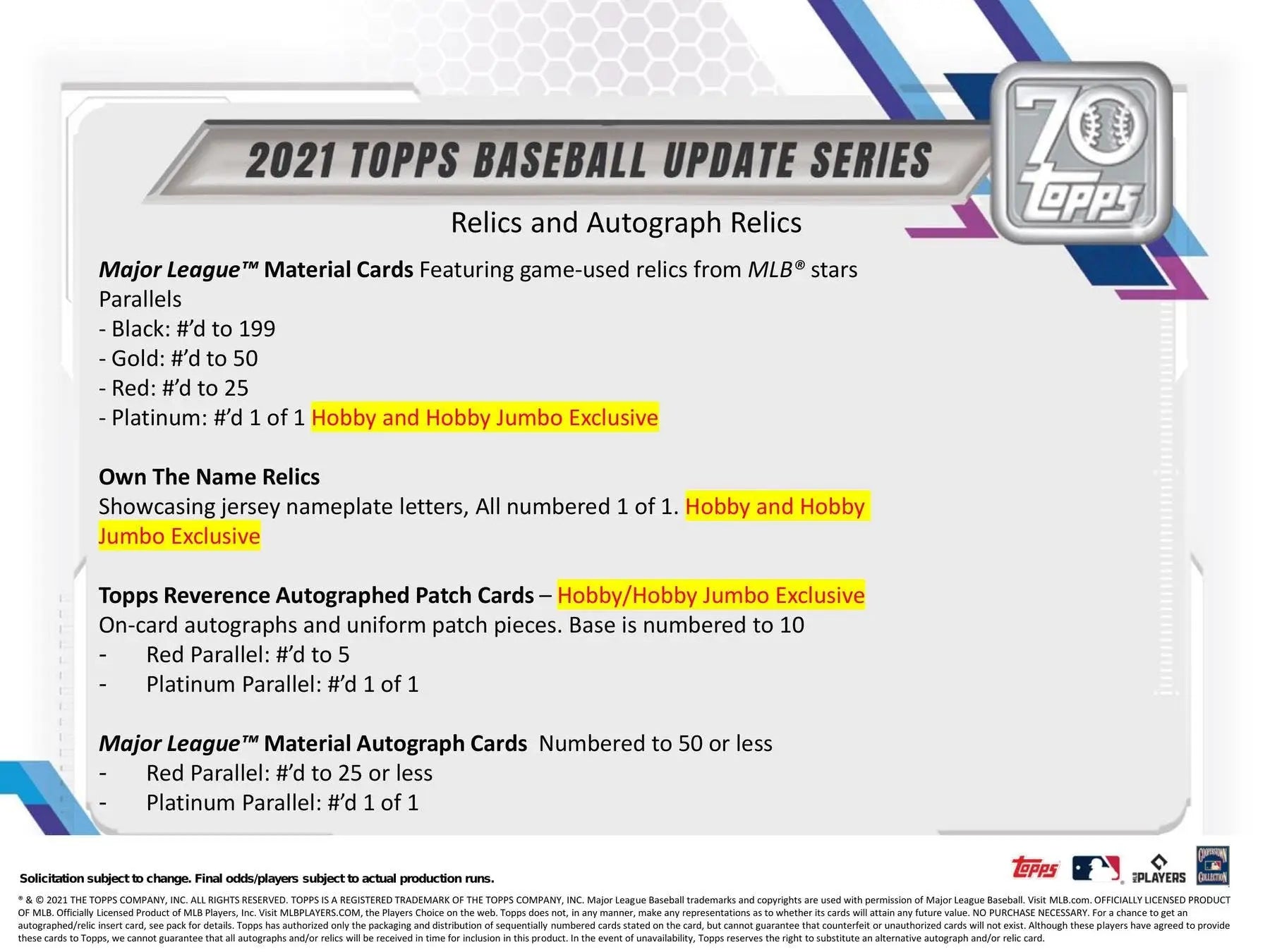2021 Topps Update Series Baseball Hobby Box with relics including red and gold parallels