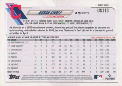 Aaron Civale baseball card from 2021 Topps Update NM-MT Indians original gloss collectible