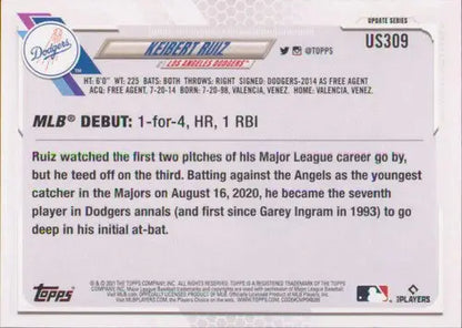 Keibert Ruiz baseball card from 2021 Topps Update with original gloss and sports cards
