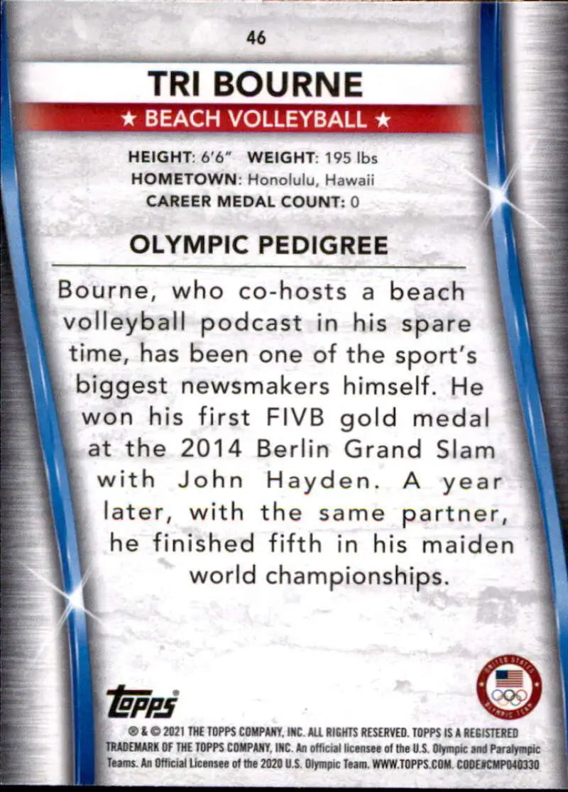 Tri Bourne Beach Volleyball card showcasing player stats and Olympic achievements