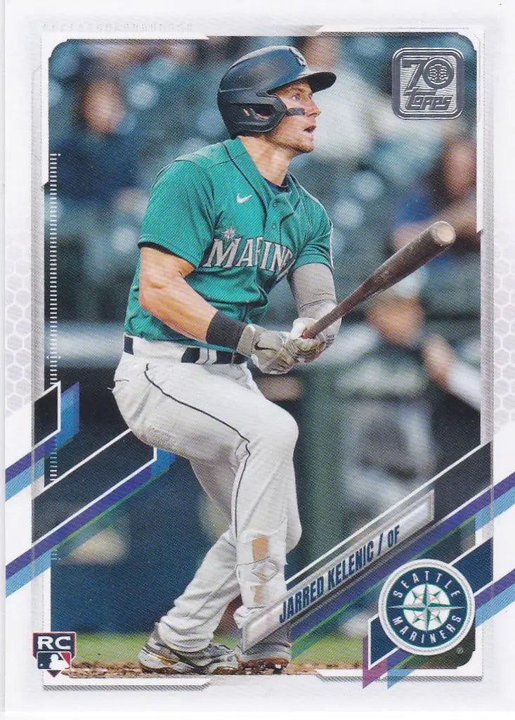 Baseball player in teal Seattle Mariners uniform swinging bat, US302 Jarred Kelenic RC