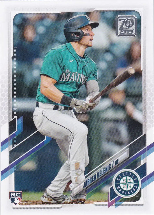 Baseball player in teal Seattle Mariners uniform swinging bat, US302 Jarred Kelenic RC