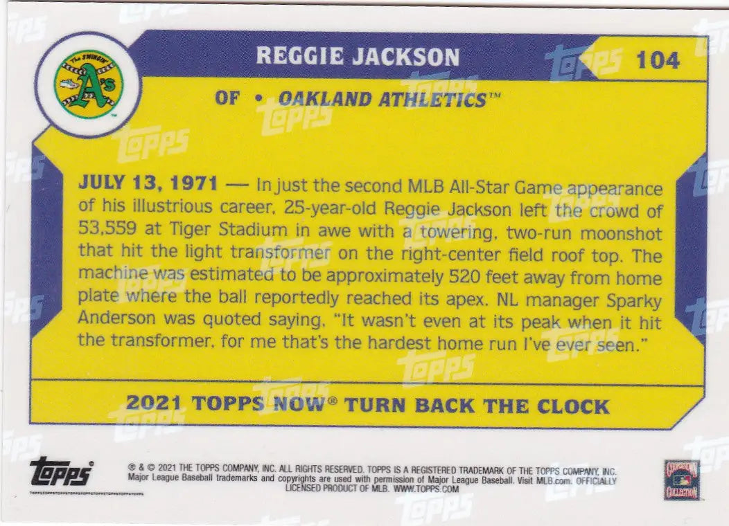 2021 TURN BACK THE CLOCK #104 REGGIE JACKSON- OAKLAND ATHELTICS