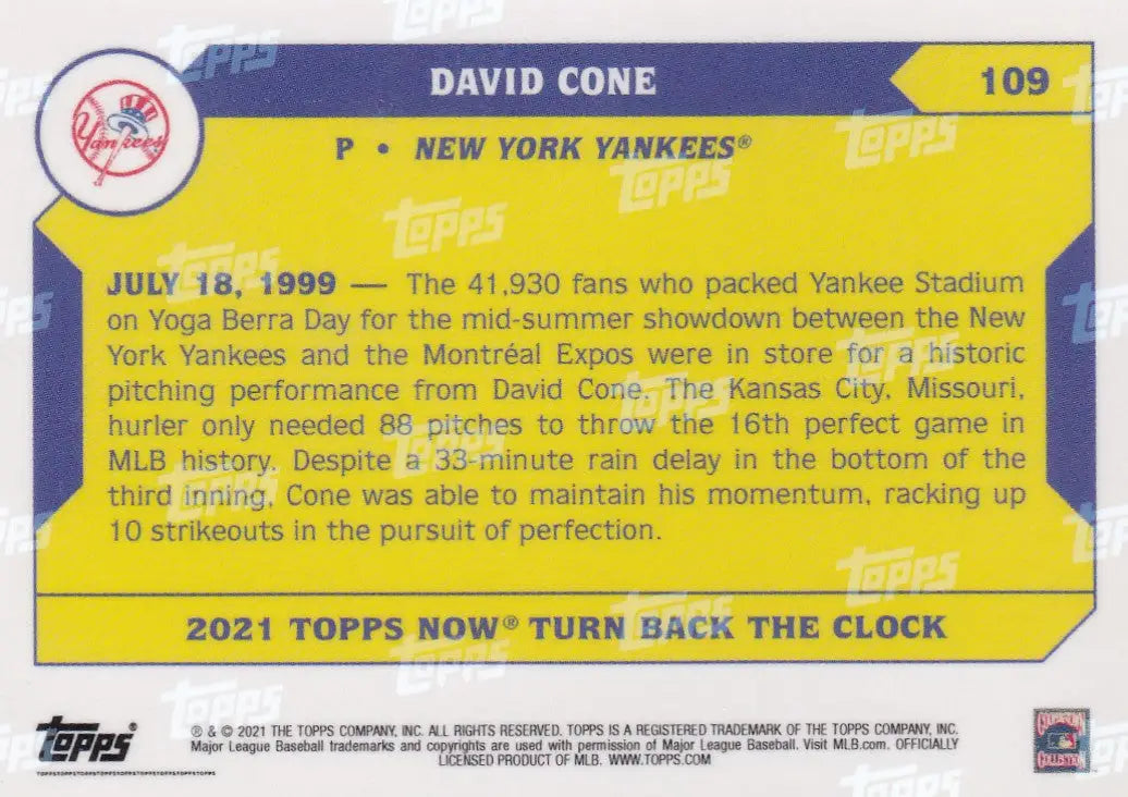 2021 TURN BACK THE CLOCK #109 DAVID CONE- NEW YORK YANKEES