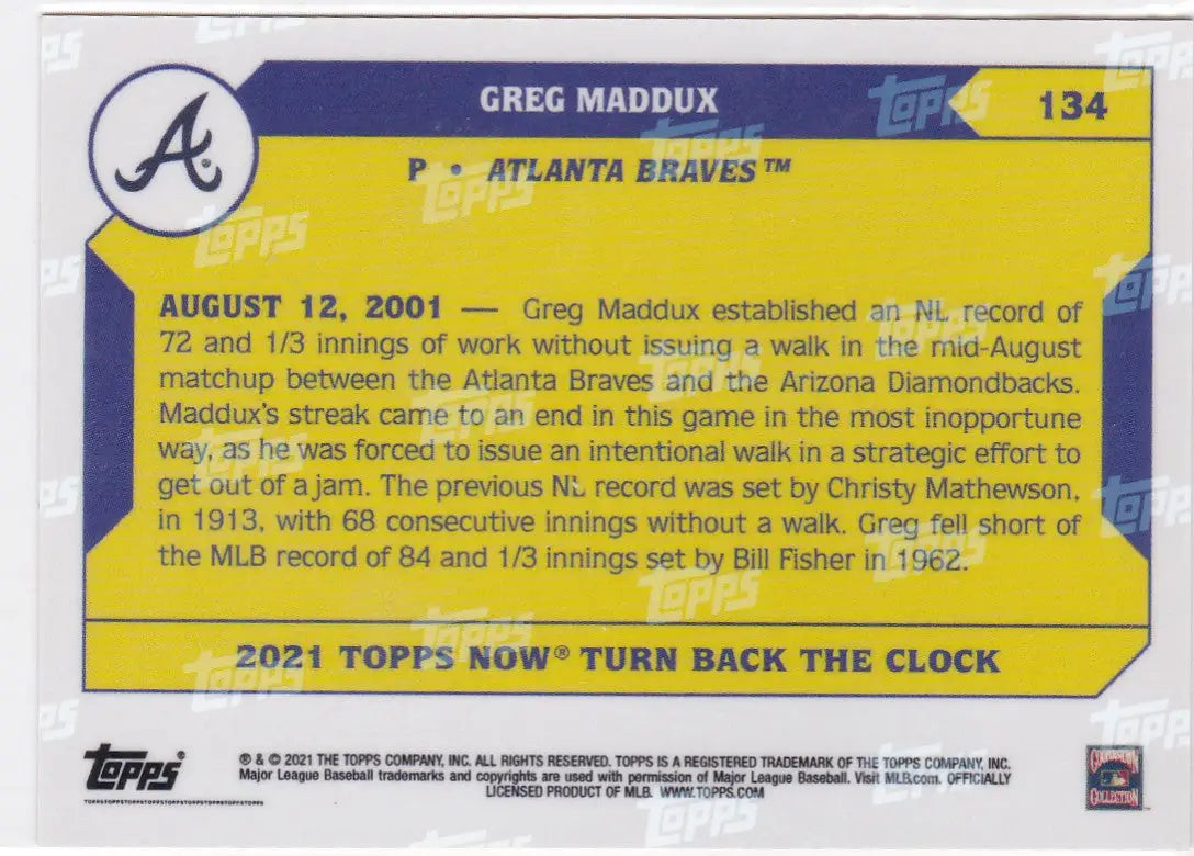 2021 TURN BACK THE CLOCK #134 GREG MADDUX- ATLANTA BRAVES