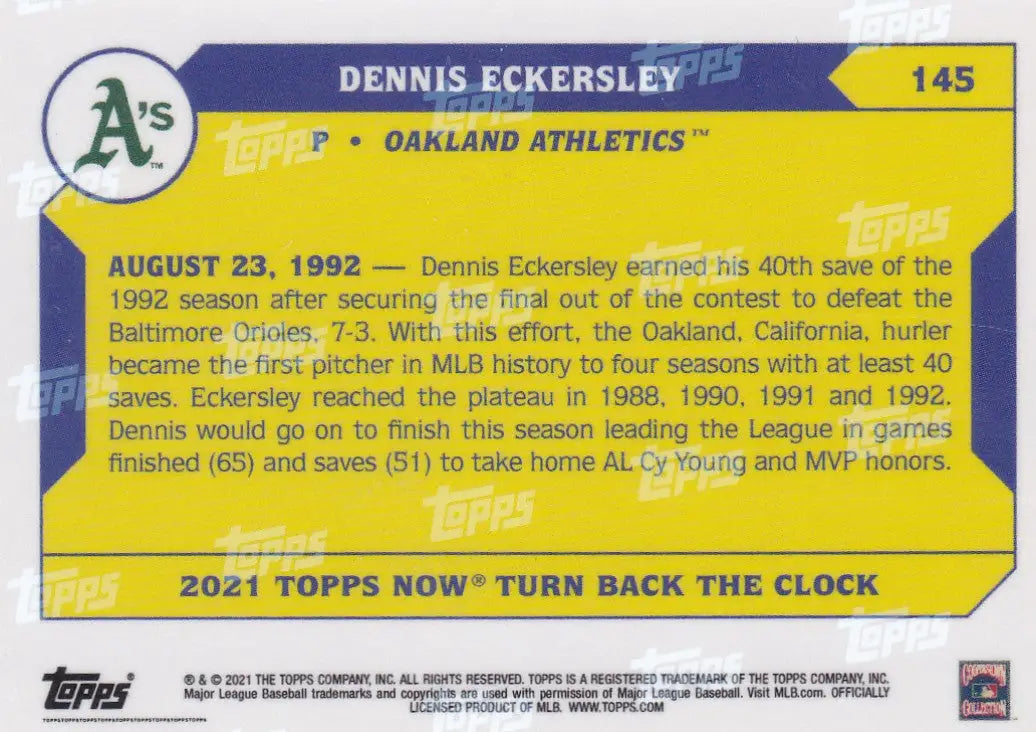 2021 Topps Now baseball card of Dennis Eckersley Oakland Athletics, Turn Back the Clock #145