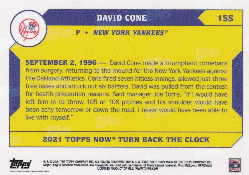 Collectible baseball card of David Cone of the New York Yankees from 2021 TURN BACK THE CLOCK series