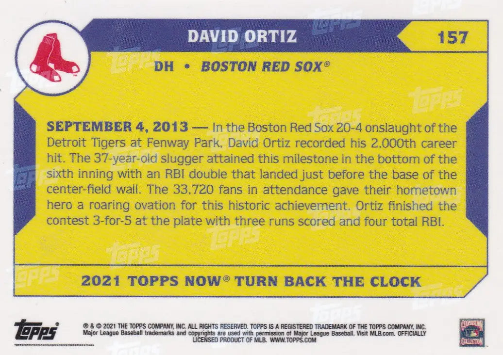 Baseball trading card featuring David Ortiz of the Boston Red Sox, 2021 TURN BACK THE CLOCK #157