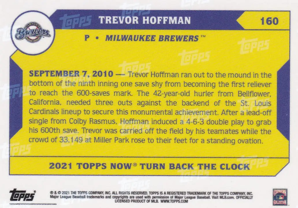 Collectible baseball card of Trevor Hoffman Milwaukee Brewers celebrating 600th save