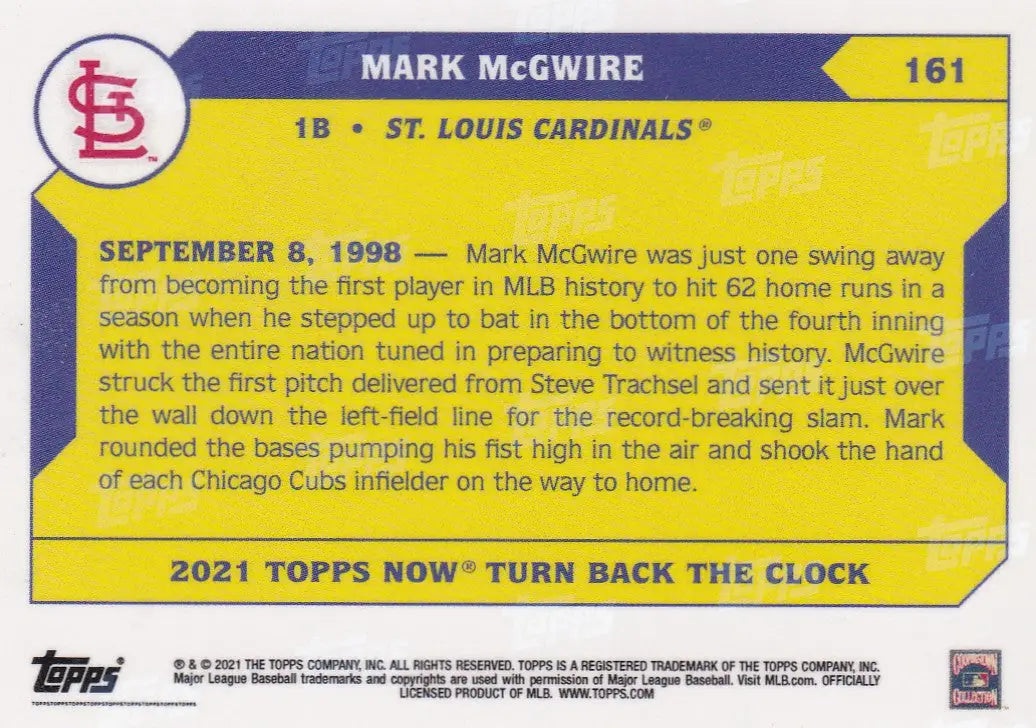 Baseball trading card of Mark McGwire from Louis Cardinals 2021 TURN BACK THE CLOCK series