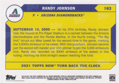 Back of a 2021 TURN BACK THE CLOCK Randy Johnson Arizona Diamondbacks baseball card