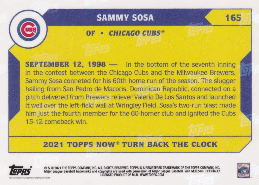 Sammy Sosa Chicago Cubs baseball card from 2021 Turn Back the Clock series