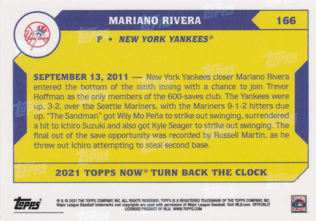 Baseball card of Mariano Rivera from the New York Yankees 2021 TURN BACK THE CLOCK series