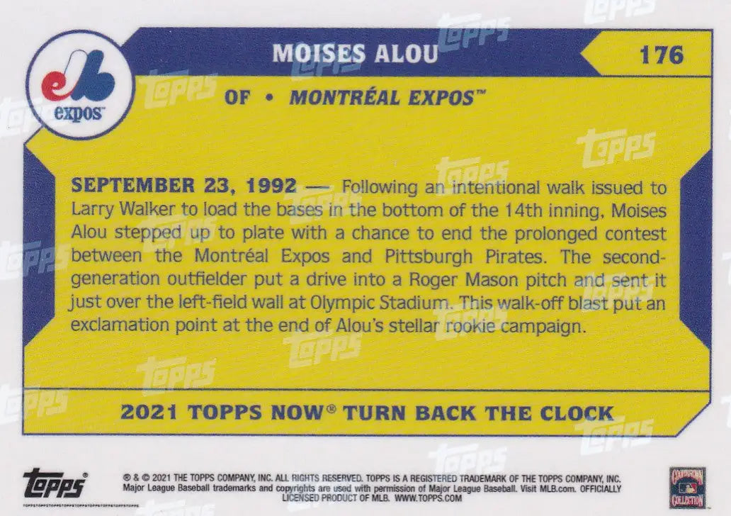 Baseball card featuring Moises Alou of the Montreal Expos from 2021 Turn Back the Clock series