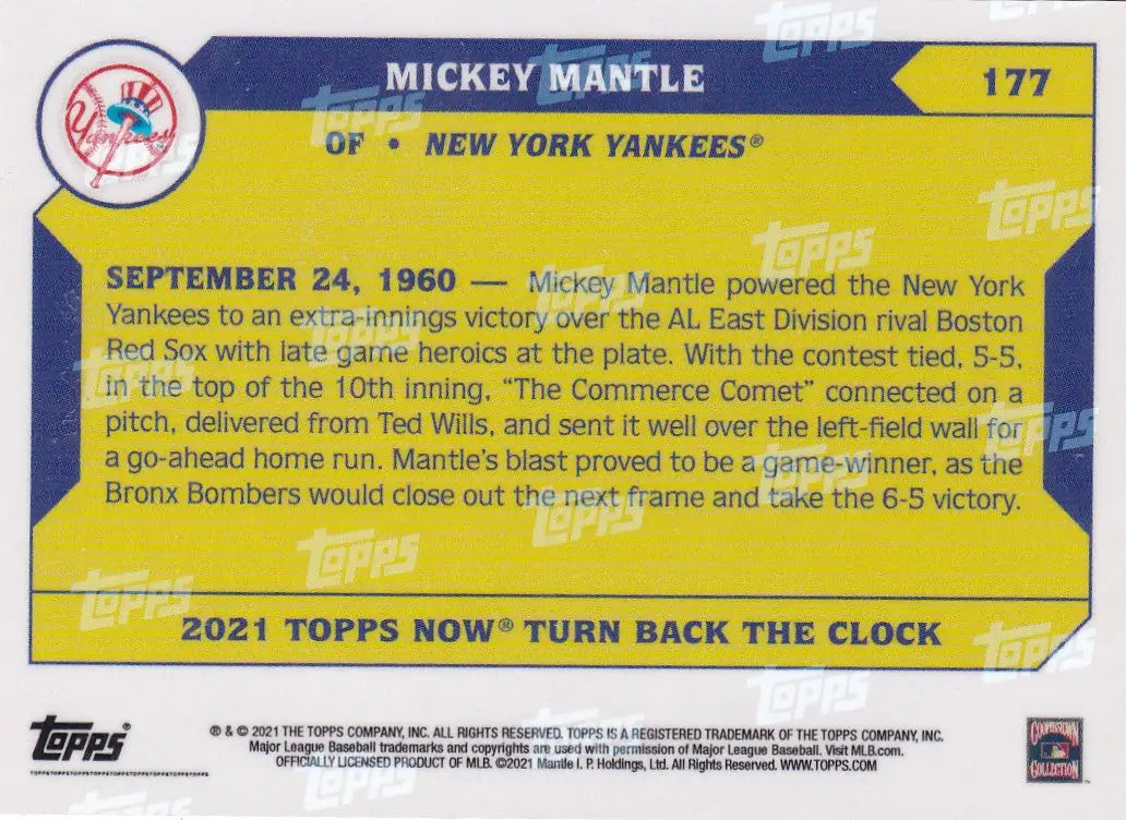 Mickey Mantle baseball card featuring a 2021 TURN BACK THE CLOCK #177 New York Yankees