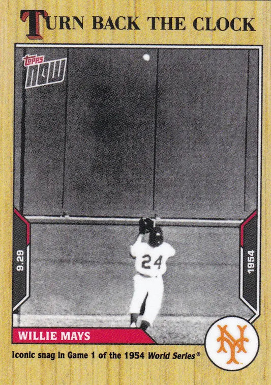 Baseball card featuring Willie Mays iconic catch from York Giants 2021 TURN BACK THE CLOCK #182
