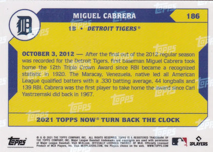Back of 2021 Turn Back The Clock Miguel Cabrera Detroit Tigers baseball card with yellow background