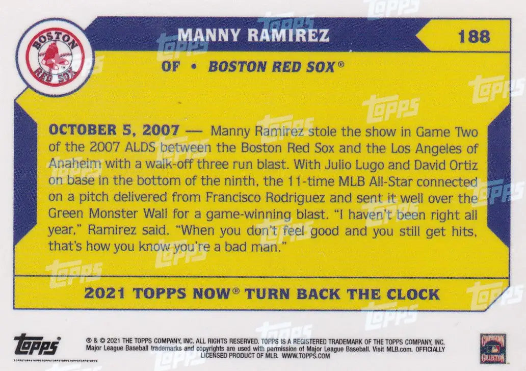 Baseball trading card featuring Manny Ramirez of the Boston Red Sox 2021 TURN BACK THE CLOCK