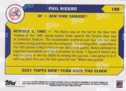 Baseball card of Phil Niekro celebrating 300th win with New York Yankees 1985