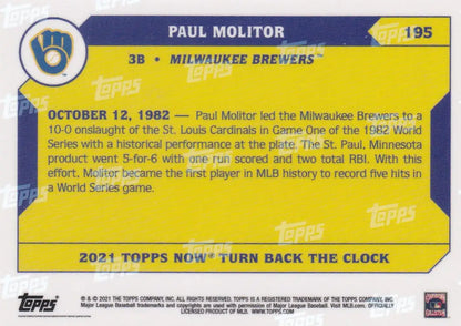 Baseball trading card of Paul Molitor- Milwaukee Brewers with yellow and blue design