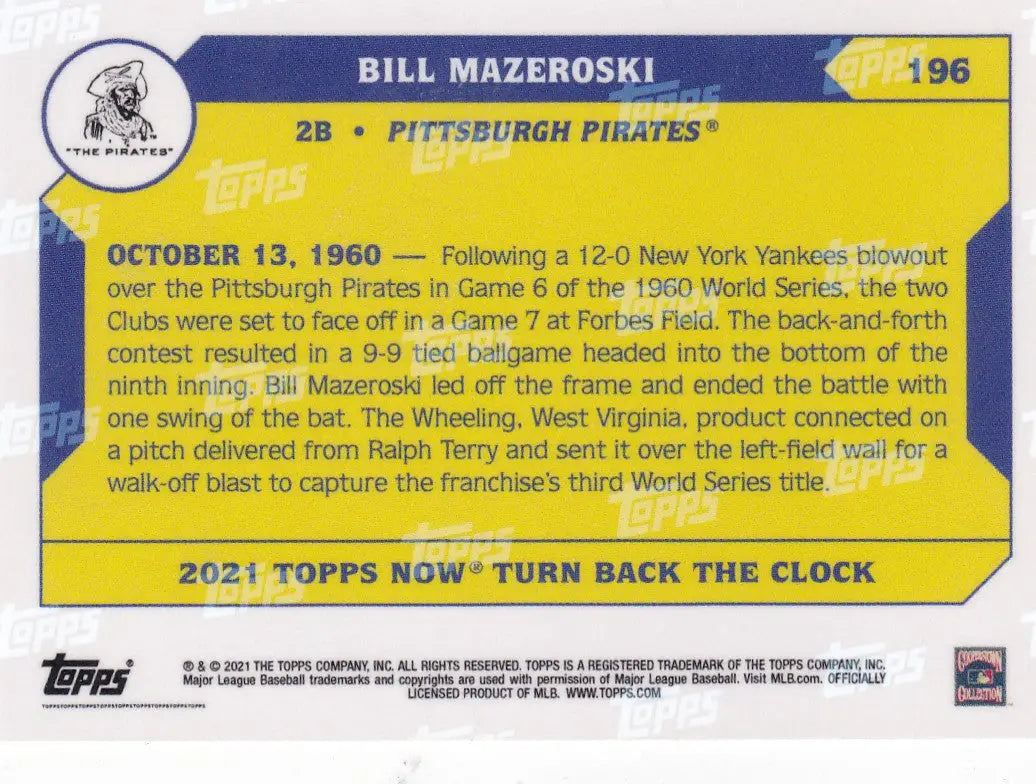 Baseball card of Bill Mazeroski Pittsburgh Pirates with 1960 World Series details