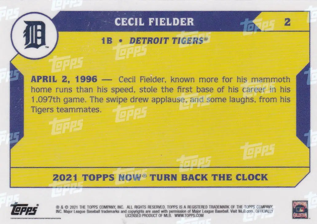 Baseball trading card of Cecil Fielder- Detroit Tigers from 2021 TURN BACK THE CLOCK series