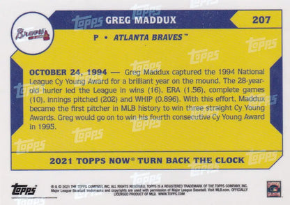 Back of yellow and blue Greg Maddux Atlanta Braves baseball card from 2021 TURN BACK THE CLOCK #207