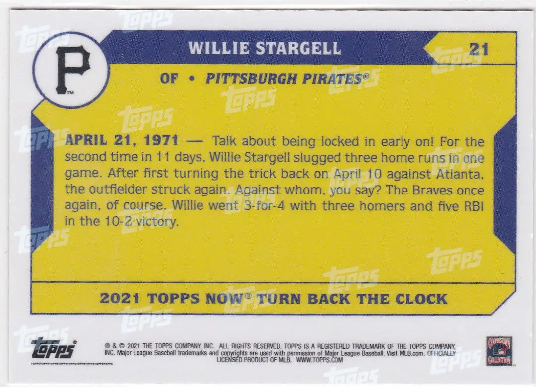 Baseball trading card featuring Willie Stargell Pittsburgh Pirates 2021 TURN BACK THE CLOCK