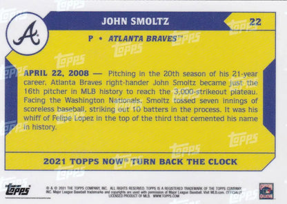 Back of 2021 TURN BACK THE CLOCK John Smoltz Atlanta Braves baseball card showing details