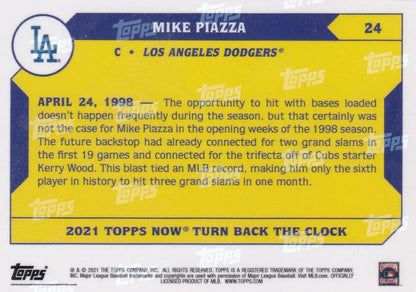 Back of a Topps baseball card featuring Los Angeles Dodgers player Mike Piazza with blue and yellow design