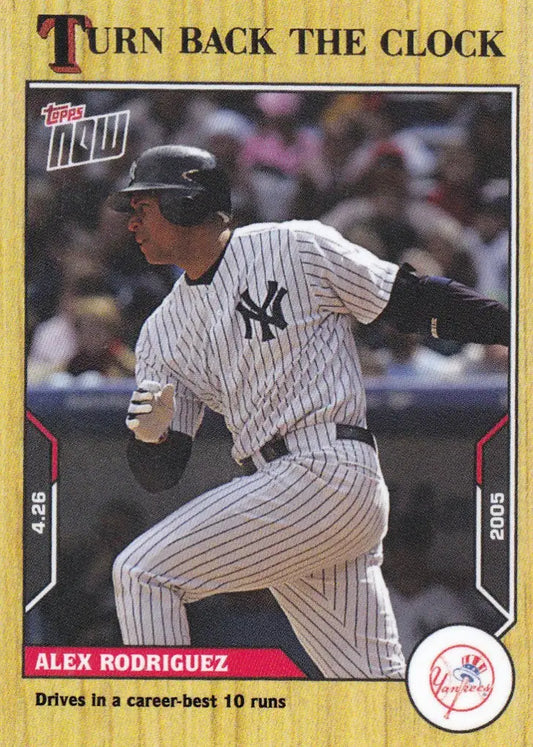 Baseball card of Alex Rodriguez in a New York Yankees uniform from 2021 TURN BACK THE CLOCK series