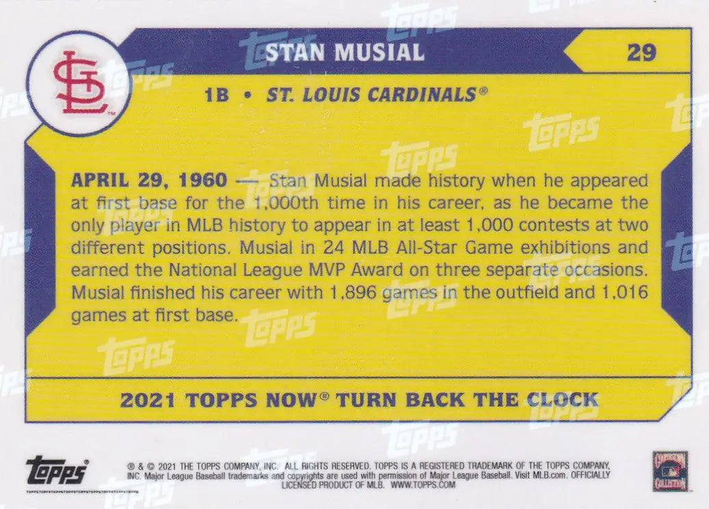 Back of 2021 TURN BACK THE CLOCK Stan Musial baseball card featuring Louis Cardinals info