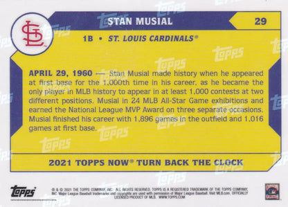Back of 2021 TURN BACK THE CLOCK Stan Musial baseball card featuring Louis Cardinals info