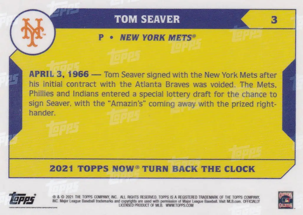 2021 Topps Now Turn Back The Clock baseball card featuring Tom Seaver of the New York Mets