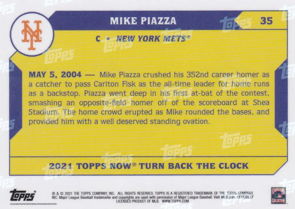 Baseball card of Mike Piazza as a New York Mets player celebrating his 352nd home run