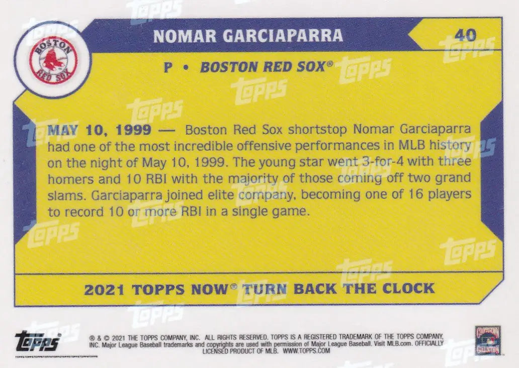 Baseball trading card of Nomar Garciaparra with Boston Red Sox logo for 2021 Turn Back the Clock