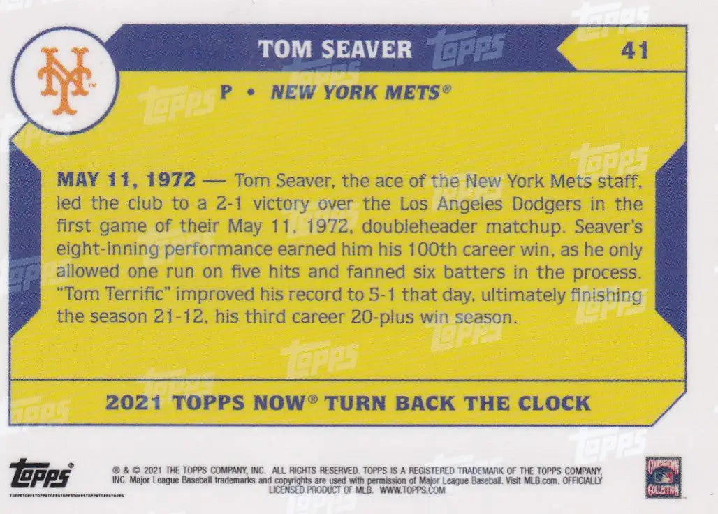 Yellow and blue baseball card featuring Tom Seaver and New York Mets logo
