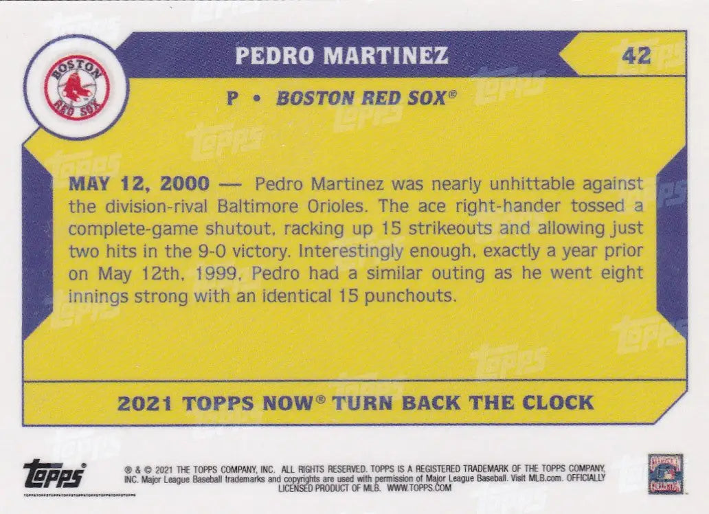 Baseball card featuring Pedro Martinez of the Boston Red Sox for 2021 TURN BACK THE CLOCK series