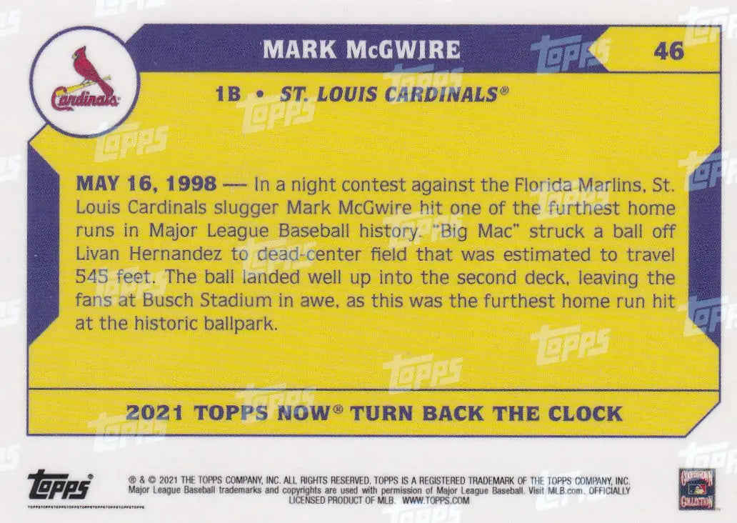 Back of a Mark McGwire baseball card featuring Louis Cardinals and McGwire- St Louis
