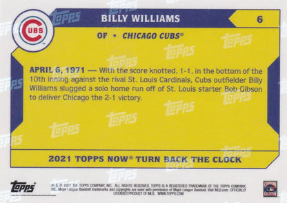 Baseball card featuring Billy Williams Chicago Cubs with yellow background for 2021 TURN BACK THE CLOCK