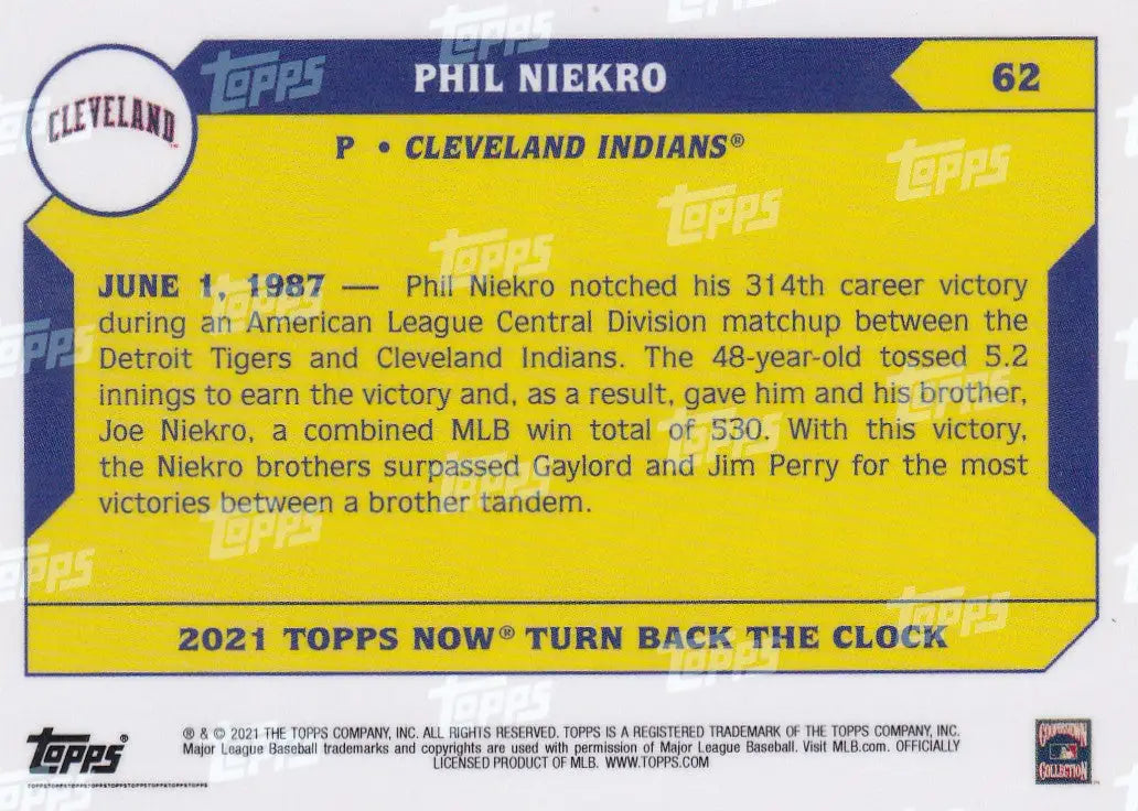 2021 TURN BACK THE CLOCK #62 PHIL NIEKRO- CLEVELAND INDIANS
