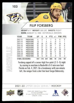 Hockey card of Filip Forsberg from 2021 Upper Deck Flip Forsberg #103 series