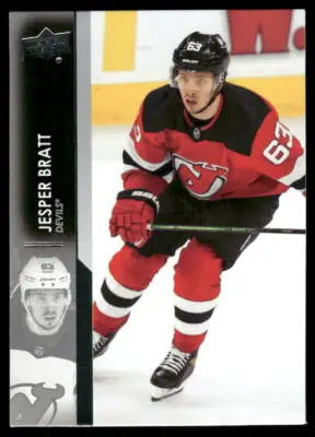Upper Deck Jesper Bratt hockey trading card in red and black uniform from 2021 series