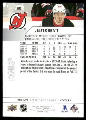 Back of a 2021 Upper Deck Jesper Bratt hockey trading card for collectors