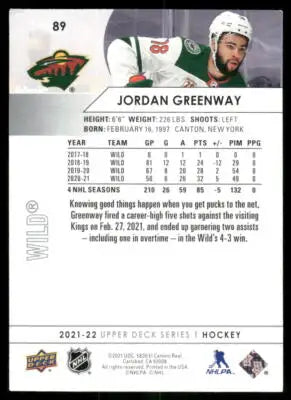 Hockey trading card featuring Jordan Greenway from 2021 Upper Deck Jordan series
