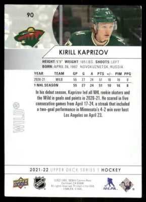 Collectible hockey card of Kirill Kaprizov from 2021 Upper Deck 1st NHL Season