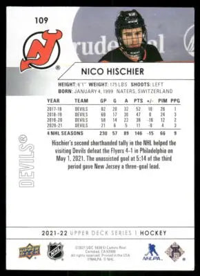 Upper Deck Nico Hischier 2021-22 hockey card with stats and game highlight