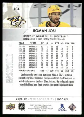 Upper Deck Roman Josi hockey trading card from 2021 Upper Deck Roman series