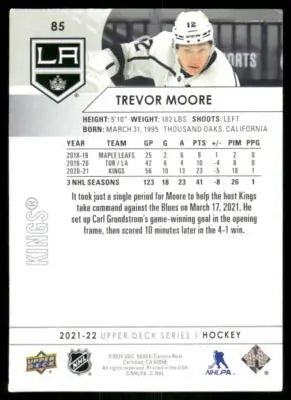 Back of a 2021 Upper Deck Series 1 Trevor Moore hockey card with stats and bio